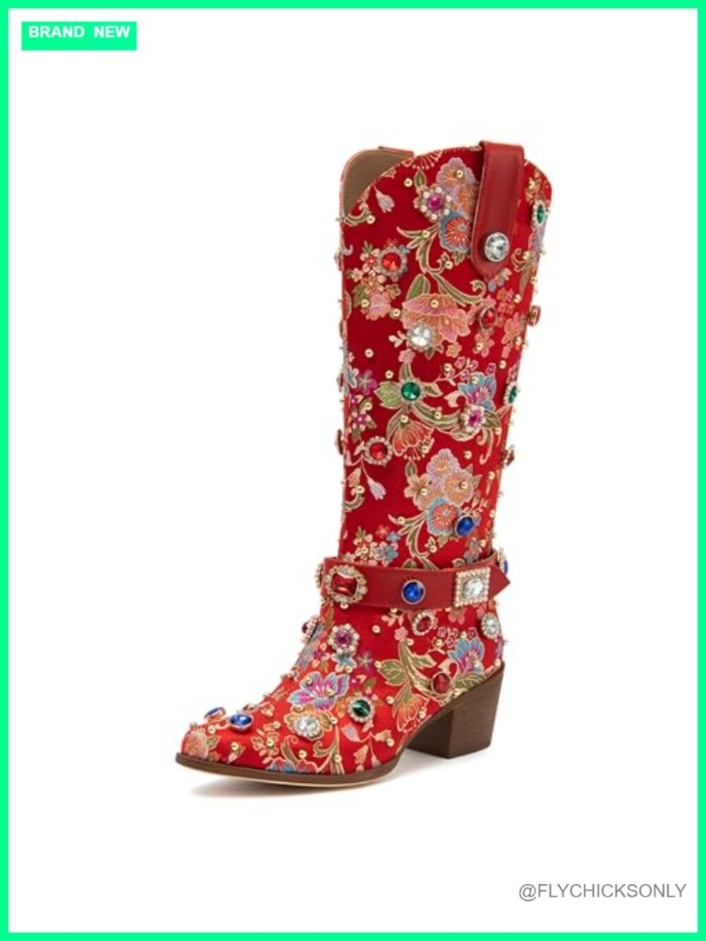 Rhinestone Cowgirl Boots Pointed Toe Chunky Heel Mid-Calf Faux Leather